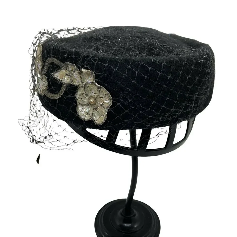 Pillbox Classic Hat Vintage 1950s Shagfelt Womens Black Felted Fur Fitted Retro - Picture 2 of 16